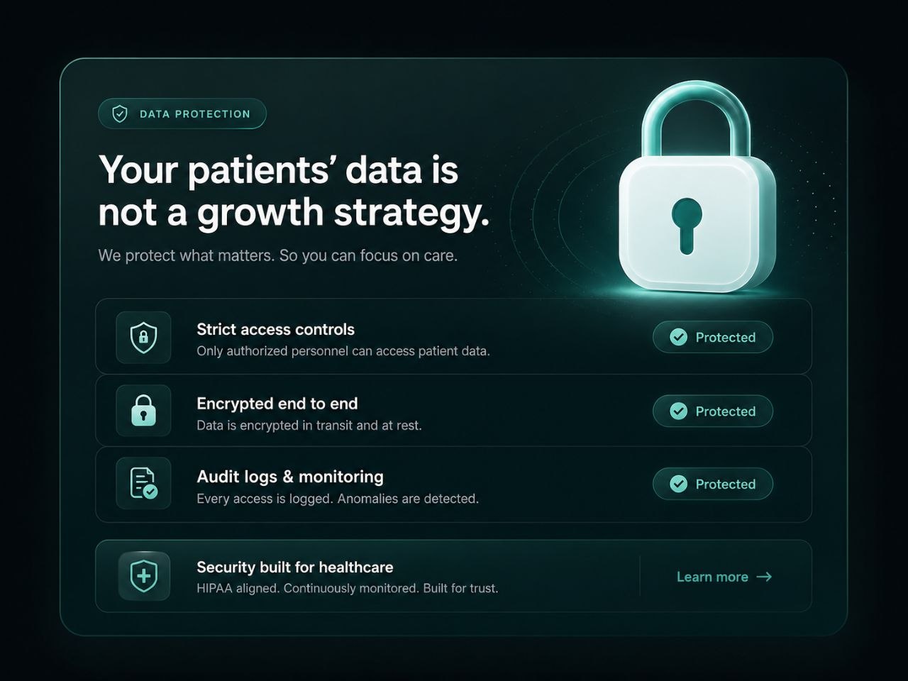 Trust and compliance hero showing patient data protection, strict access controls, encryption, and audit logging.